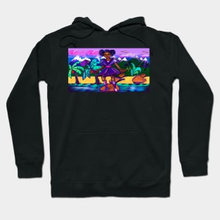 Anime girl with two puffs. Black afro anime girl in purple fantasy scene ! beautiful  black girl with Braided hair, blue eyes, Cherry pink lips and dark brown skin. Hair love ! Hoodie